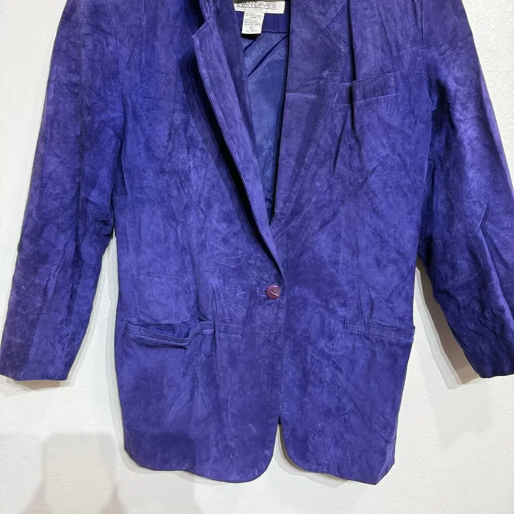 Evan Davies Blue Suede Leather One Button Vintage Blazer Sz 6